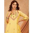 Yellow Aari Embroidered Viscose Chanderi Kurta with Pants- Set of 2