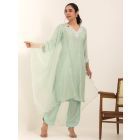 Green Embroidered Bemberg Muslin Suit- Set of 3