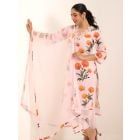 Pink Printed Cotton Suit- Set of 3