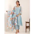 Blue Lace Work Chanderi Mul Suit- Set of 3
