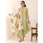 Green Lace Work Chanderi Mul Suit- Set of 3