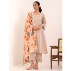 Beige Lace Work Chanderi Mul Suit- Set of 3