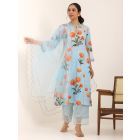 Blue Printed Cotton Suit- Set of 3