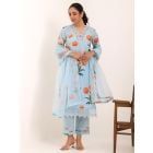 Blue Printed Cotton Suit- Set of 3