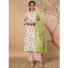 White Light Pink Printed Cotton Kurta with Pants- Set of 2