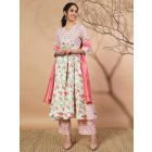 White Light Pink Printed Cotton Kurta with Pants- Set of 2