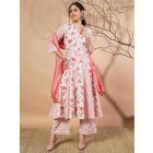 White Light Pink Printed Cotton Kurta with Pants- Set of 2