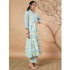 White Blue Printed Cotton Kurta