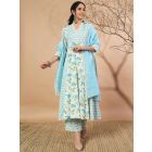 White Blue Printed Cotton Kurta with Pants- Set of 2