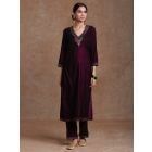 Burgundy Hand Block Printed Velvet Embroidered Kurta with Pants- Set of 2