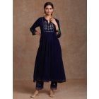 Blue Hand Block Printed Velvet Embroidered Kurta with Pants- Set of 2