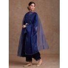 Blue Embroidered Organza Scalloped Dupatta