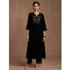 Black Hand Block Printed Velvet Embroidered Kurta with Pants- Set of 2