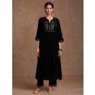 Black Hand Block Printed Velvet Embroidered Kurta