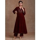 Maroon Hand Block Printed Velvet Embroidered Kurta with Pants- Set of 2