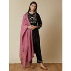 Black Embroidered Velvet Suit with Old Rose Chanderi Dupatta- Set of 3