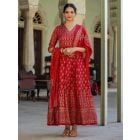 Maroon Printed Silk Blend  Dress with Dupatta- Set of 2