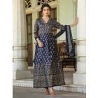 Navy Blue Printed Silk Blend Dress with Dupatta- Set of 2