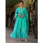 Turquoise Gota Work Cotton Jacquard Dress with Dupatta- Set of 2