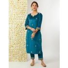 Teal Blue Hand Embroidered Velvet Kurta with Pants - Set of 2