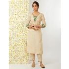 Beige Zari Woven Tissue Embroidered Kurta with Pants - Set of 2