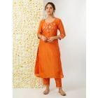 Orange Zari Woven Tissue Kurta with Pants - Set of 2