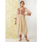 Beige Hand Embroidered Tissue Kurta with Pants - Set of 2