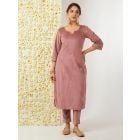 Mauve Hand Embroidered Velvet Kurta with Pants - Set of 2