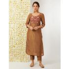 Brown Zari Woven Tissue Kurta with Pants - Set of 2