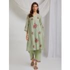 Pista Green Embroidered Chanderi Kurta with Pants- Set of 2