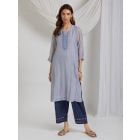 Grey Embroidered Chanderi Kurta with Pants- Set of 2