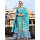 Turquoise Printed Dola Silk Gown with Dupatta- Set of 2