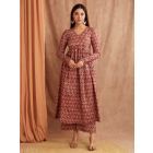 Brown Hand Block Printed Mulmul Kurta with Palazzo- Set of 2