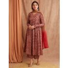 Brown Hand Block Printed Mulmul Suit- Set of 3