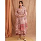 White Pink Hand Block Printed Mulmul Suit- Set of 3