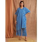 Blue White Striped Hand Block Printed Cotton Kaftan