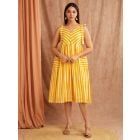 Yellow White Striped Hand Block Printed Cotton Dress
