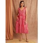 Red White Striped Hand Block Printed Cotton Dress