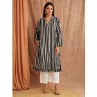 Black White Striped Hand Block Printed Cotton Kurta with Pants- Set of 2