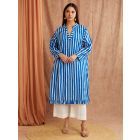 Blue White Striped Hand Block Printed Cotton Kurta with Pants- Set of 2