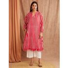 Red White Striped Hand Block Printed Cotton Kurta with Pants- Set of 2