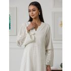 Off White Schiffli Embroidered Cotton Anarkali Kurta with Pants - Set of 2