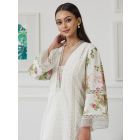 Off White Schiffli Embroidered Cotton Printed Kurta with Pants - Set of 2