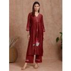 Rust Printed Chanderi Silk Kurta with Cotton Pants- Set of 2