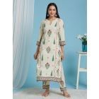 Off White Green Hand Block Printed Cotton Kurta with Pants - Set of 2