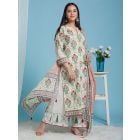 Off White Green Hand Block Printed Cotton Kurta with Palazzo - Set of 2