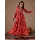 Red Printed Crepe Silk Mirror Work Dress