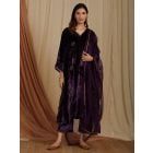 Purple Zardozi Hand Embroidered Velvet A-Line Suit with Organza Dupatta - Set of 3