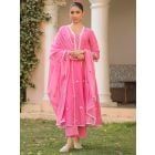 Pink Embroidered Cotton Mulmul Suit- Set of 3