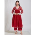 Red Embroidered Chanderi Kurta with Pants- Set of 2